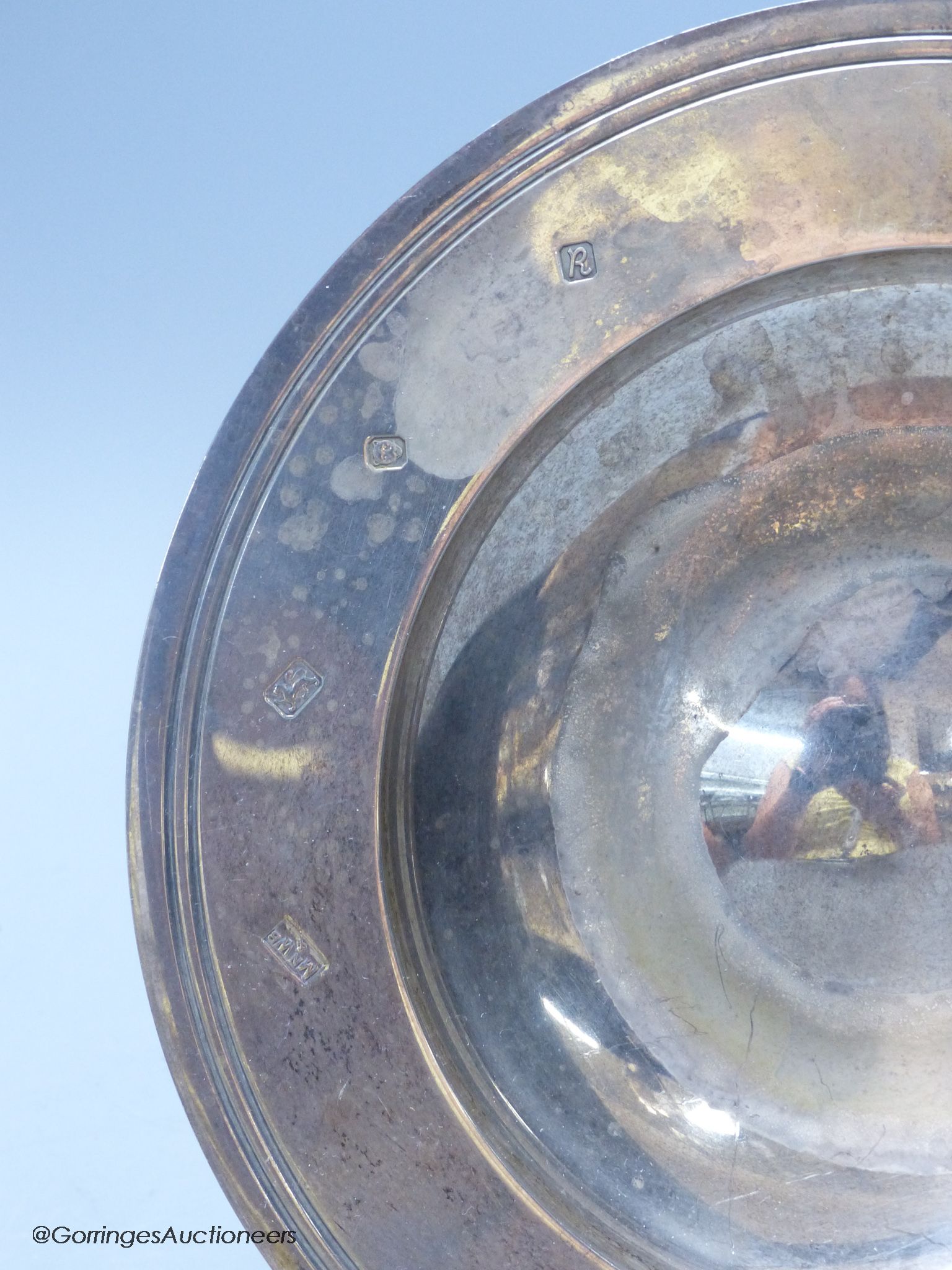 A Mappin & Webb circular silver presentation bowl, of plain line-engraved form, 11.24oz